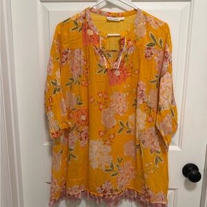 Roller Rabbit Yellow Semara Serafina Cotton 3/4 Sleeve Tunic Top Size XS